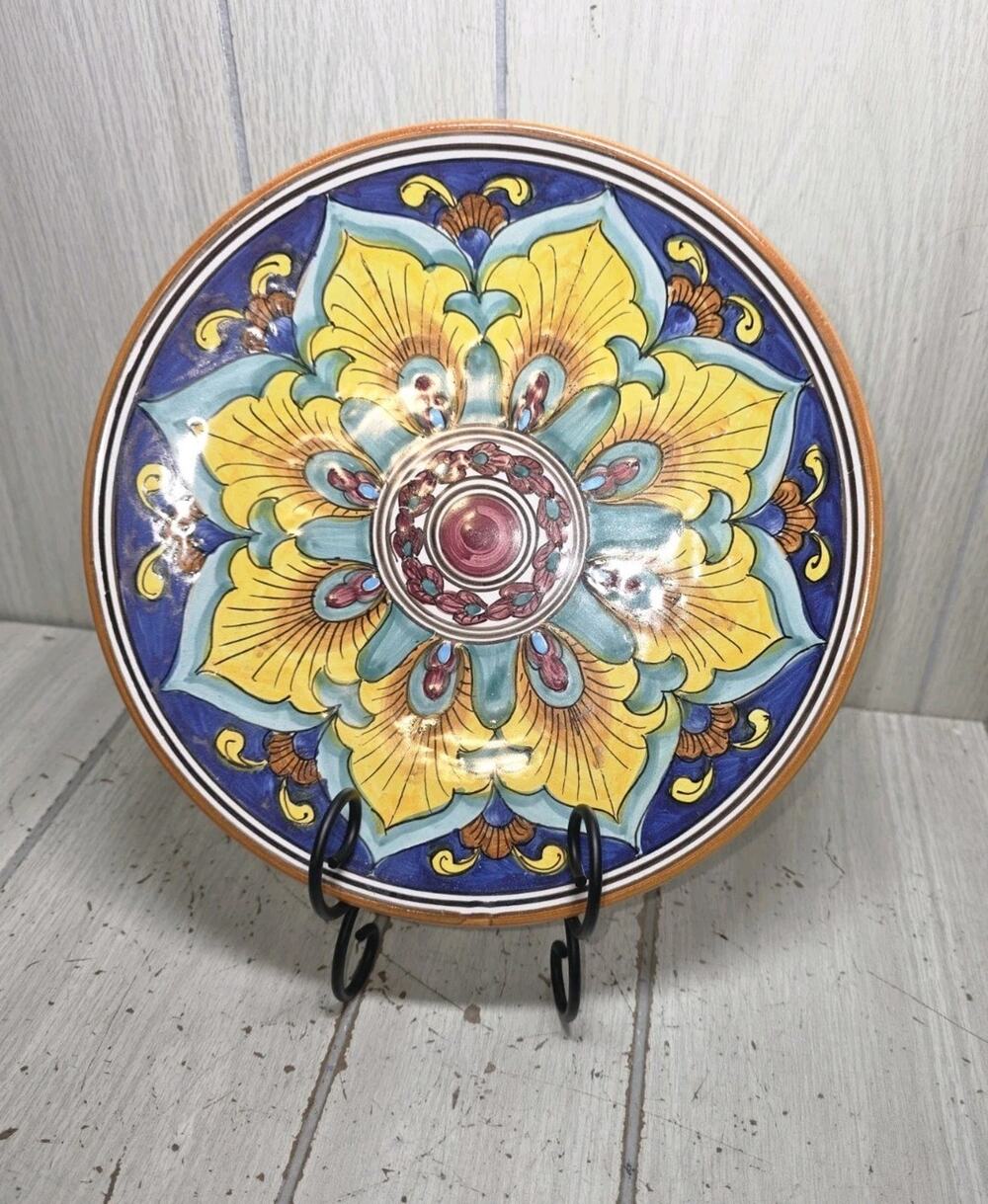 Deruta Italian Pottery Plate Hand Painted Geometric Floral Yellow & Blue 10"